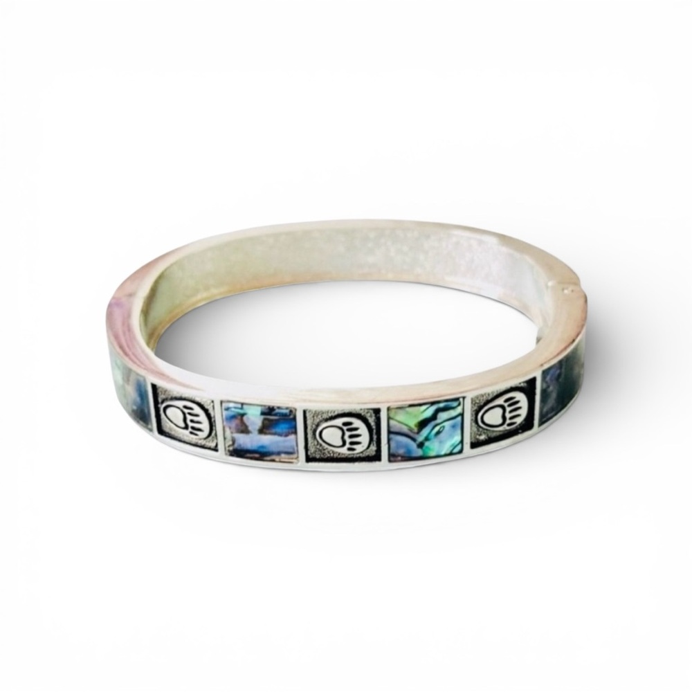 Vintage Iridescent Abalone Shell Inlay & Bear Paw Silhouettes Silver Tone Bangle